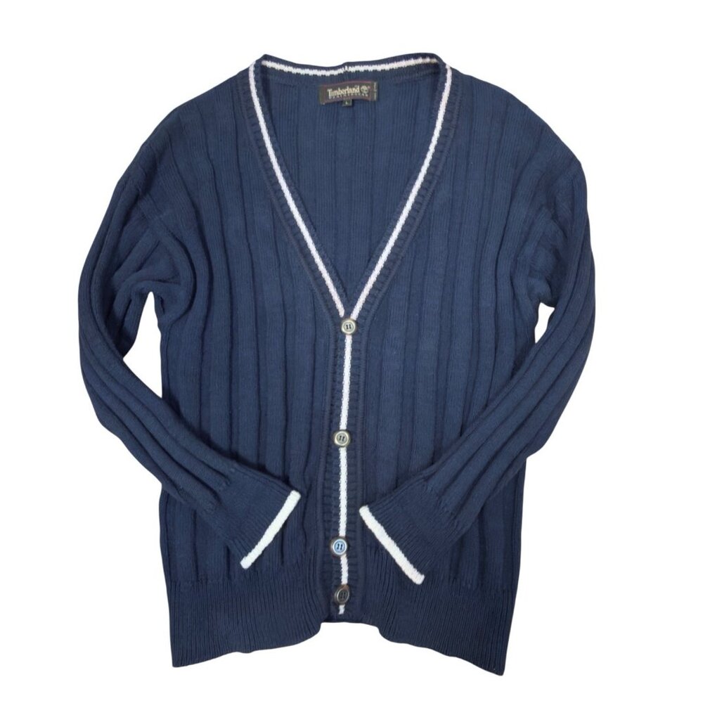Vintage Timberland Weathergear Cardigan Sweater L Navy Blue Ribbed Cotton Italy